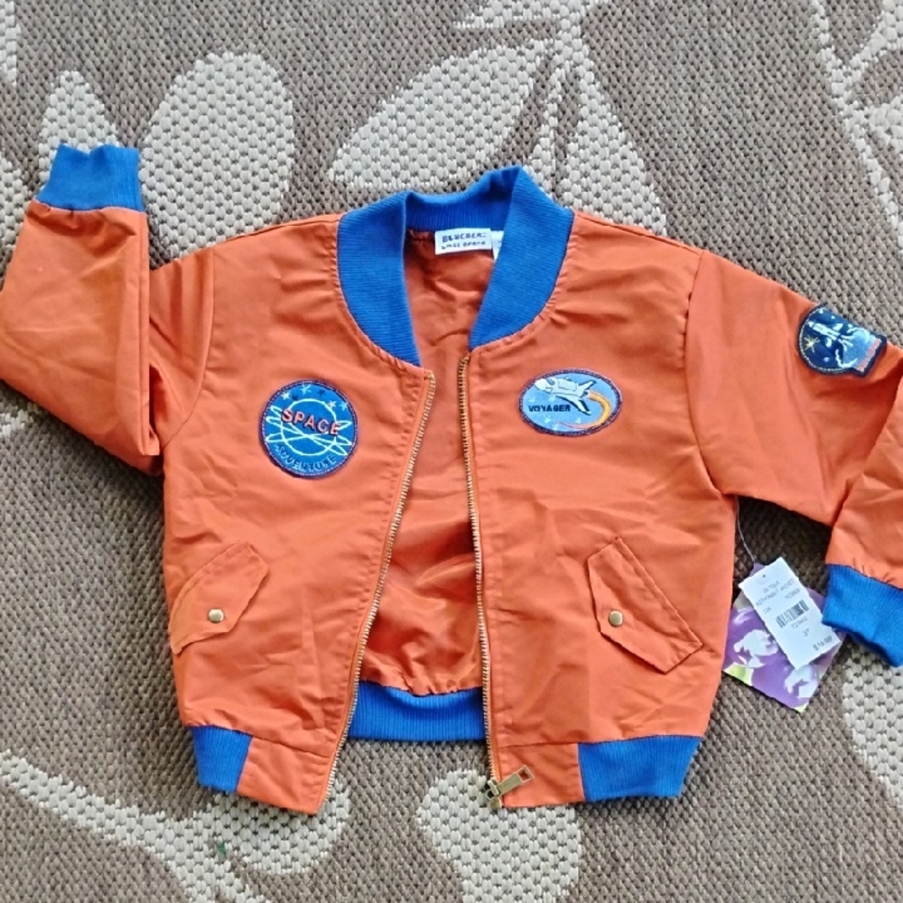 Orange and Blue Puffer Jacket with Ribbed Trim